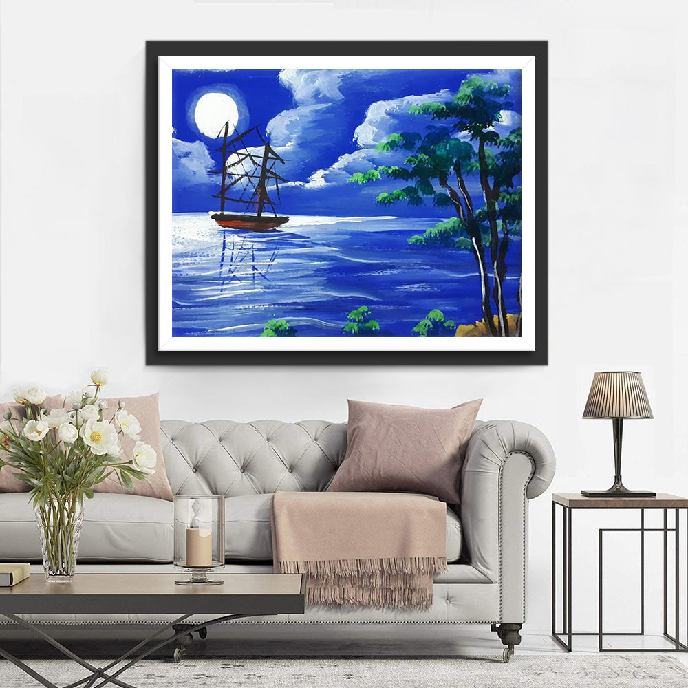 Sereen Zeilschip onder Volle Maan Diamond Painting