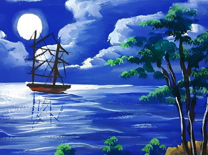 Sereen Zeilschip onder Volle Maan Diamond Painting