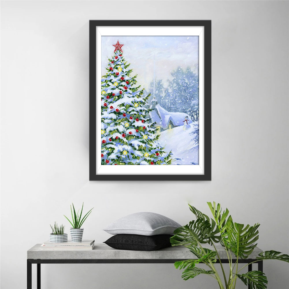 Sfeervolle Kerstboom in het Winterwitte Landschap Diamond Painting