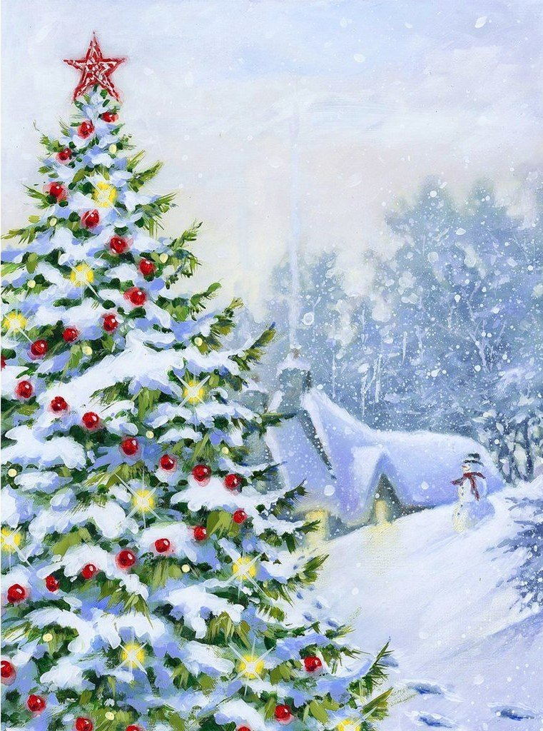 Sfeervolle Kerstboom in het Winterwitte Landschap Diamond Painting