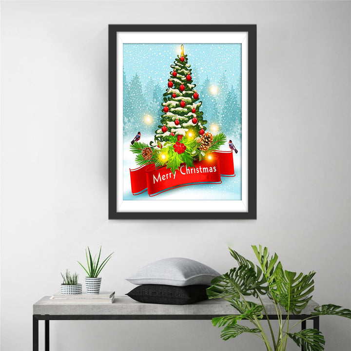 Sfeervolle Kerstboom met Versiering en "Merry Christmas"-Lint  Diamond Painting