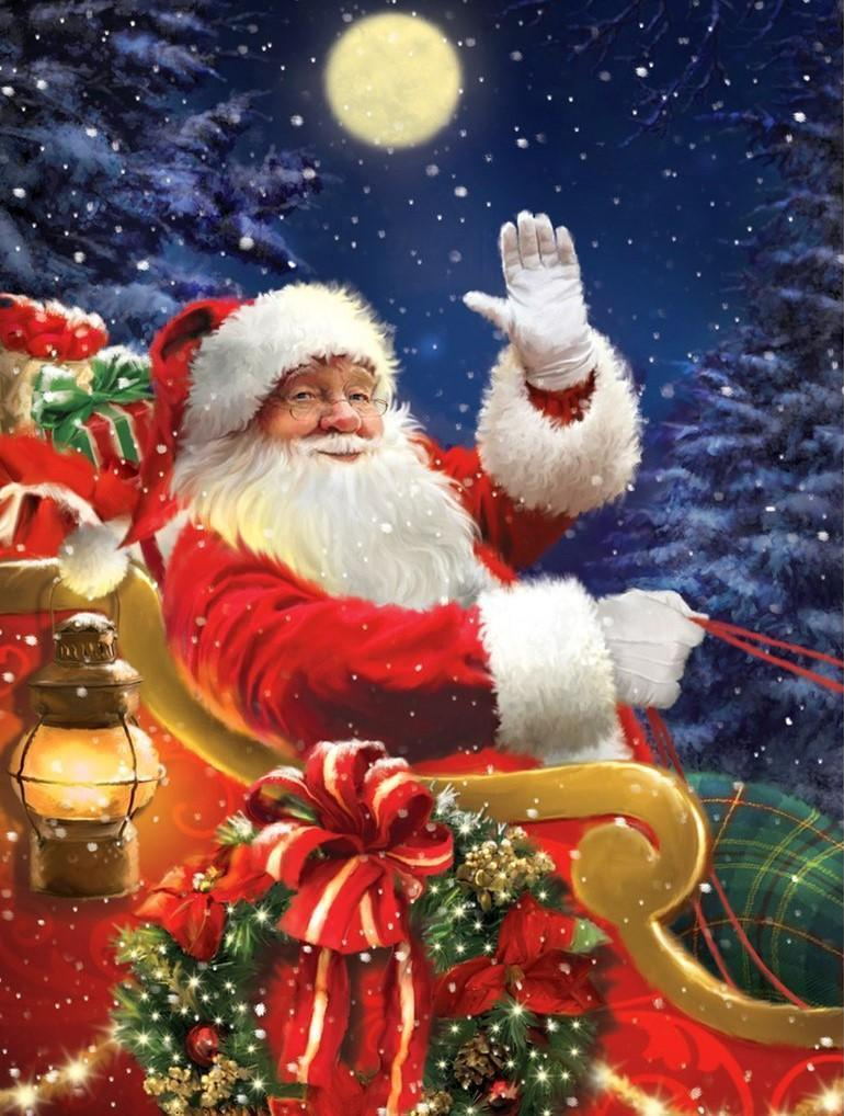 Sfeervolle Kerstman in Slee bij Maan Diamond Painting