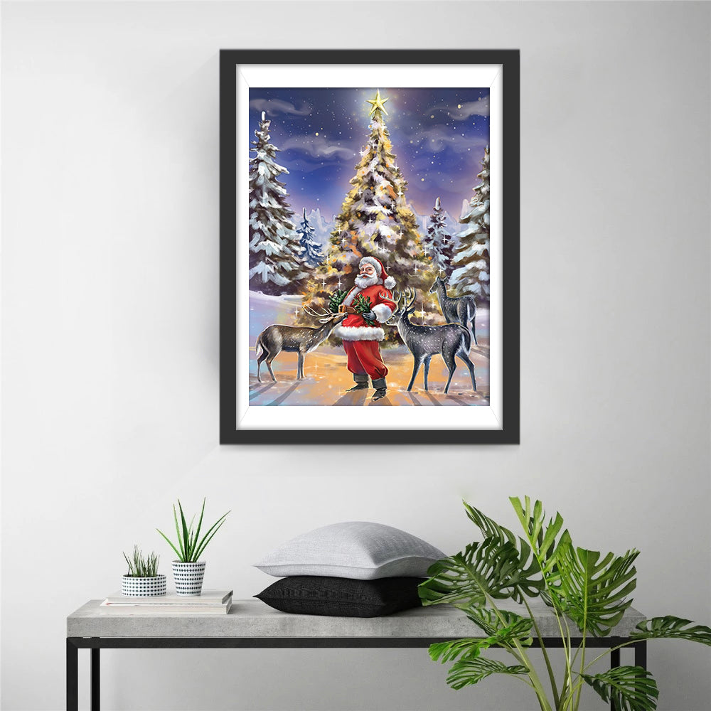 Sint met Rendieren bij de Verlichte Kerstboom Diamond Painting