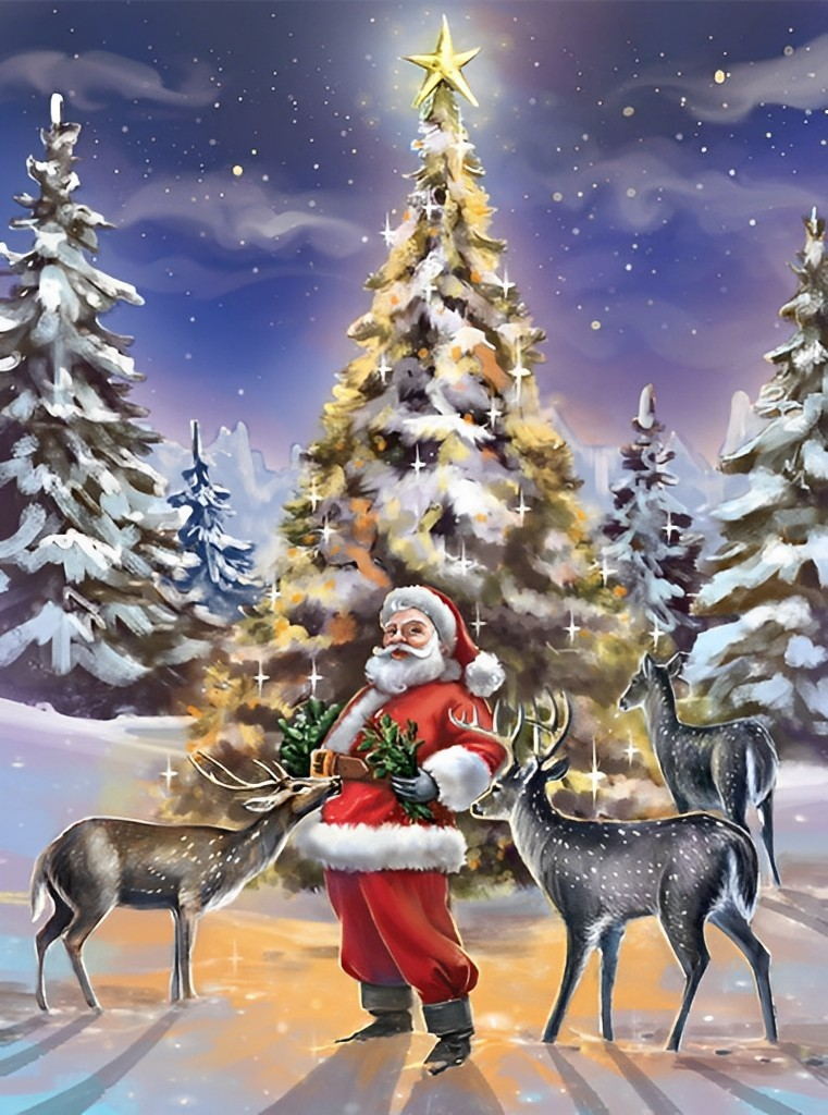 Sint met Rendieren bij de Verlichte Kerstboom Diamond Painting