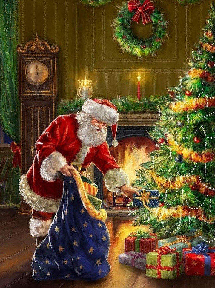 Sinterklaas aan het Vullen van Sack met Cadeaus bij Haardvuur Diamond Painting