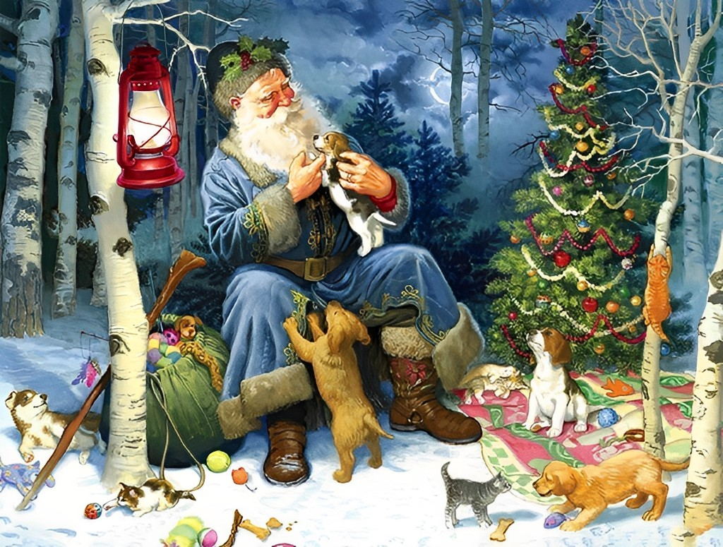 Sinterklaas bij Kerstboom met Dieren Diamond Painting