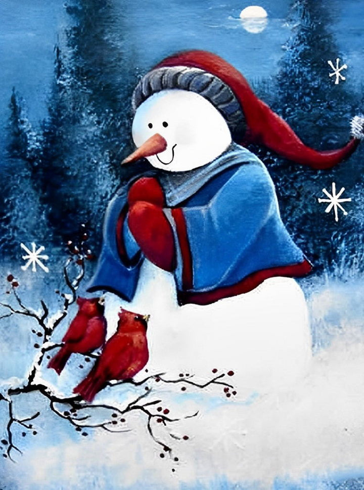 Sneeuwman Deligt met Rode Vinken in de Sneeuw Diamond Painting