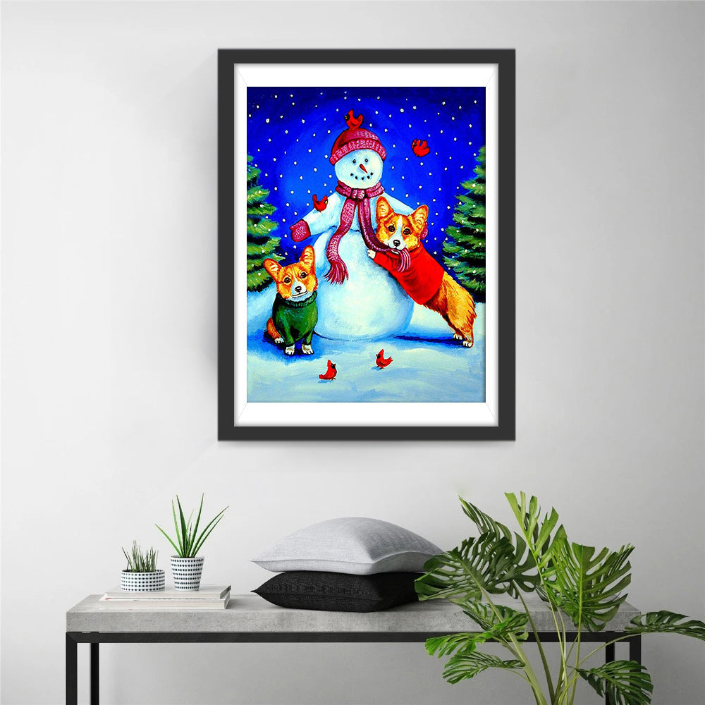 Sneeuwman en Corgi's Diamond Painting