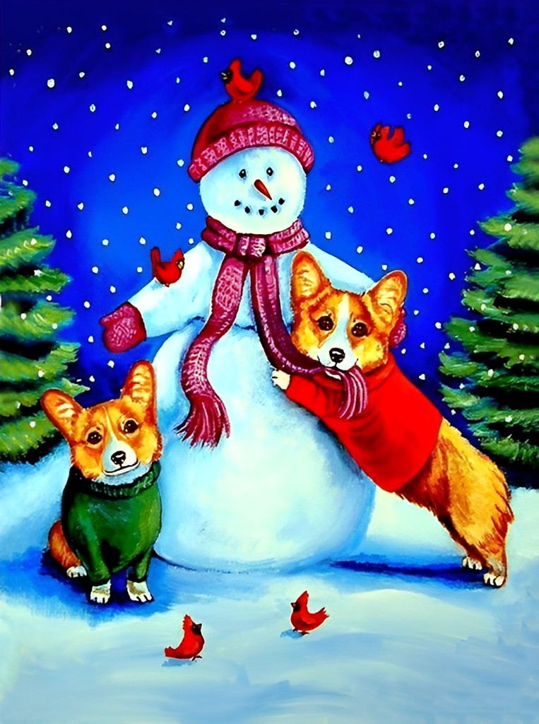 Sneeuwman en Corgi's Diamond Painting