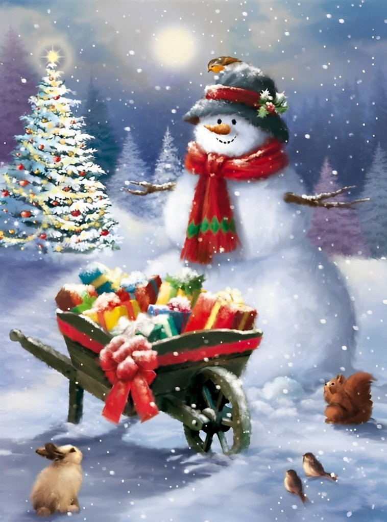 Sneeuwman en Volle Kar met Cadeaus onder Sneeuw Diamond Painting