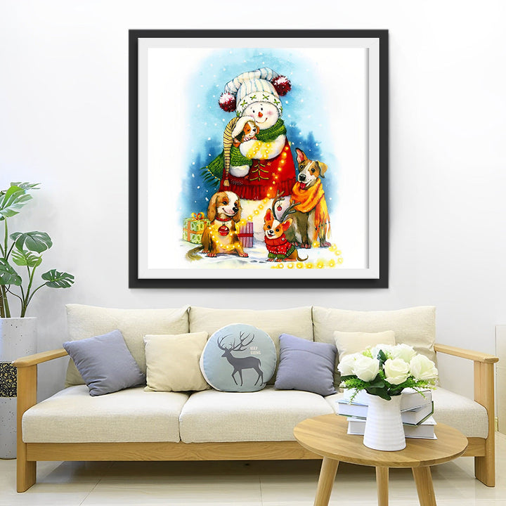 Sneeuwman Omringd door Honden Diamond Painting
