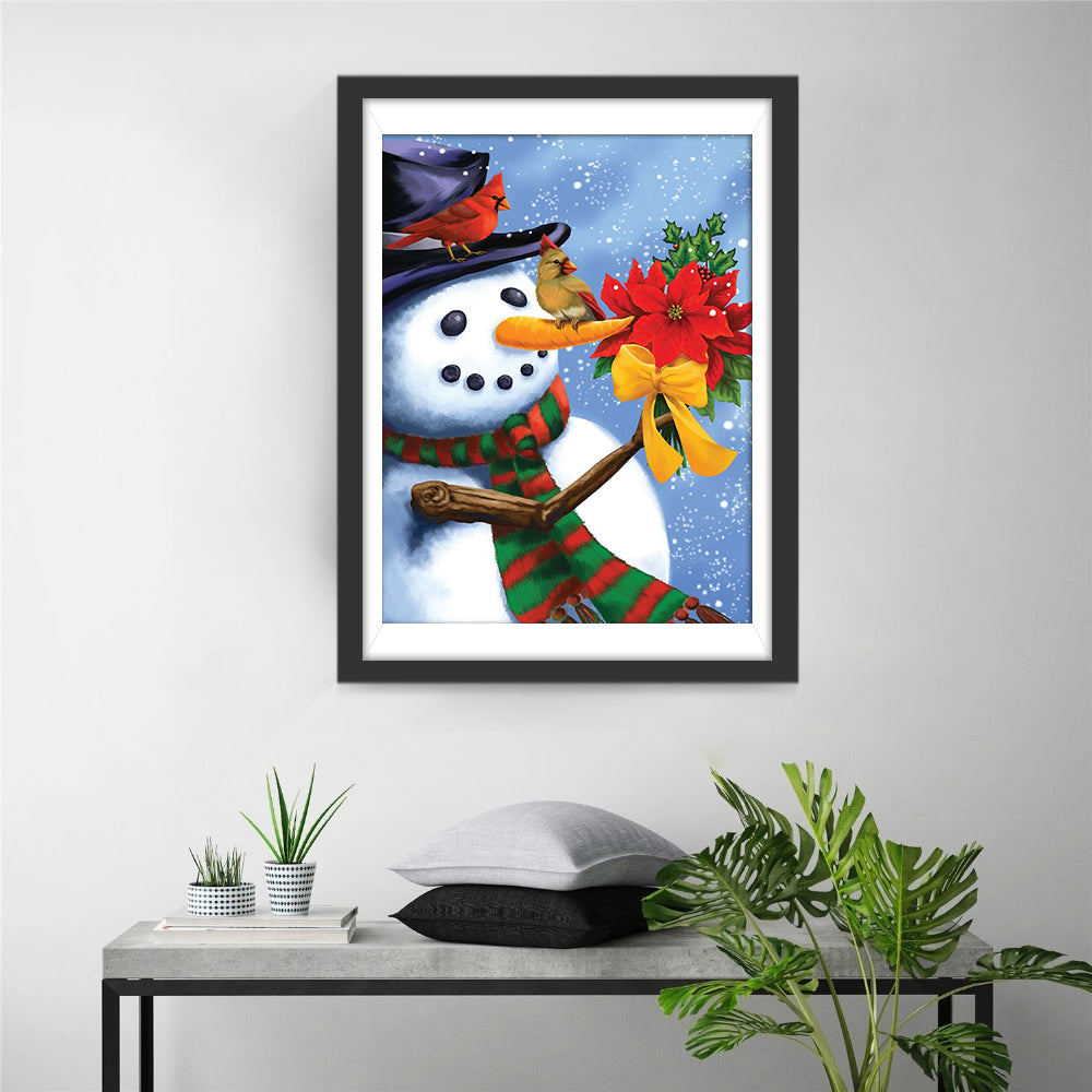 Sneeuwman, Vogels en Winterbloemen Diamond Painting