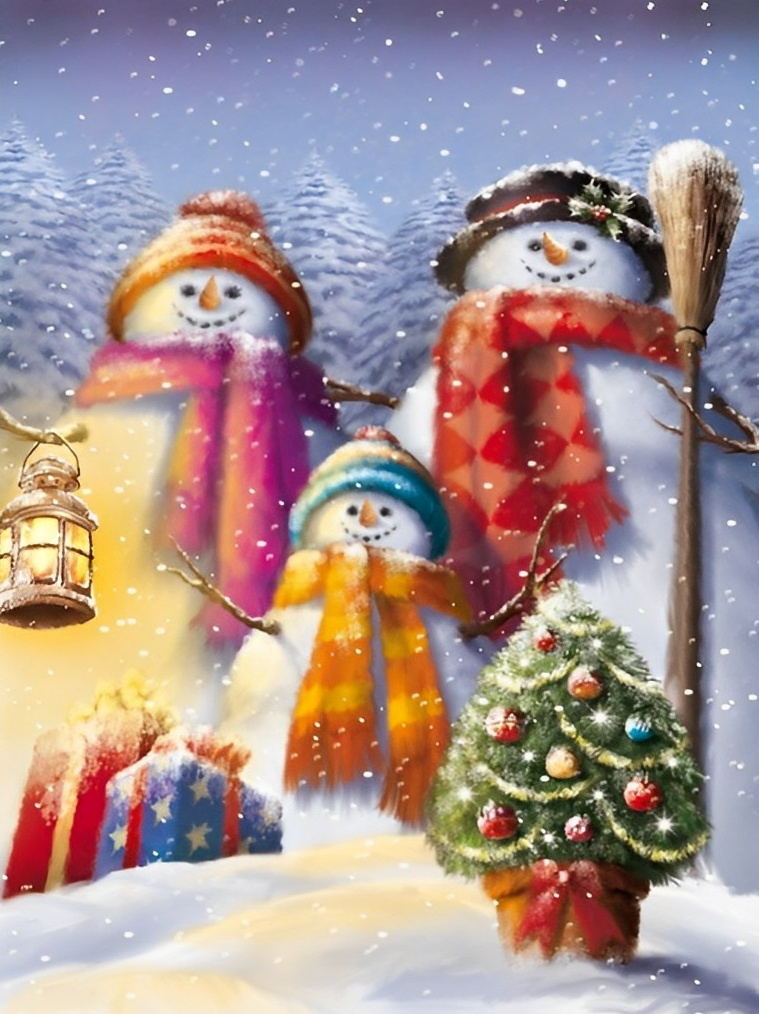 Sneeuwman, Vogels en Winterbloemen Diamond Painting