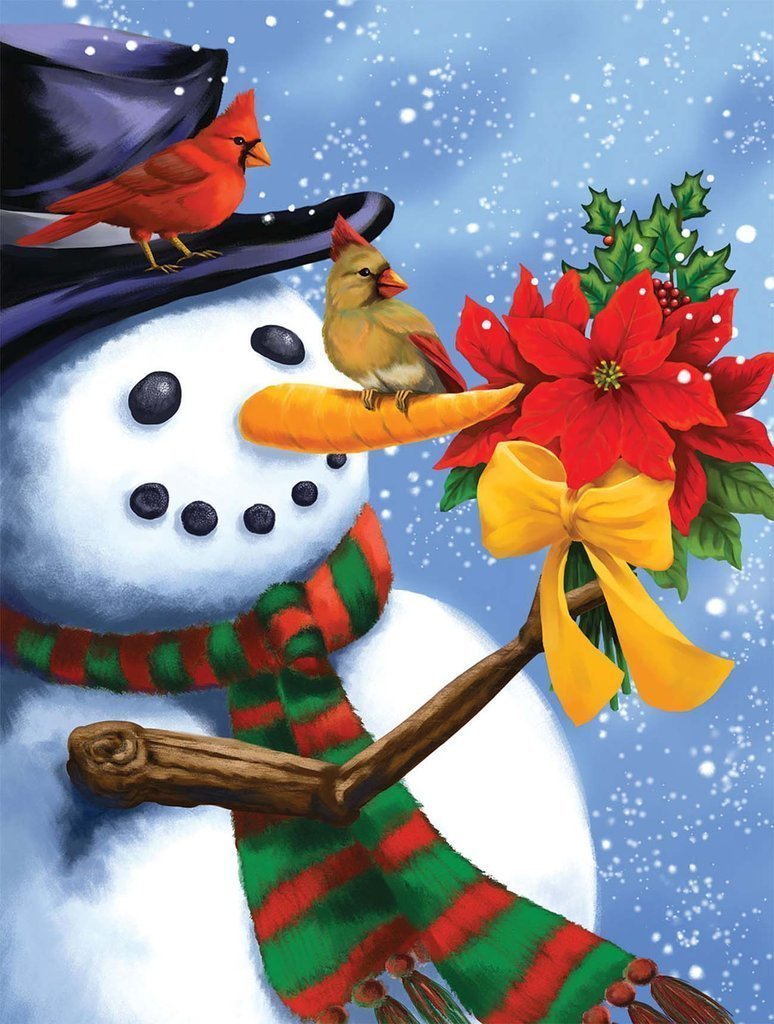 Sneeuwman, Vogels en Winterbloemen Diamond Painting