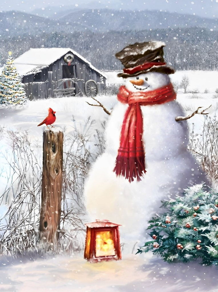 Sneeuwpop bij Glimmende Kaars in de Sneeuw Diamond Painting