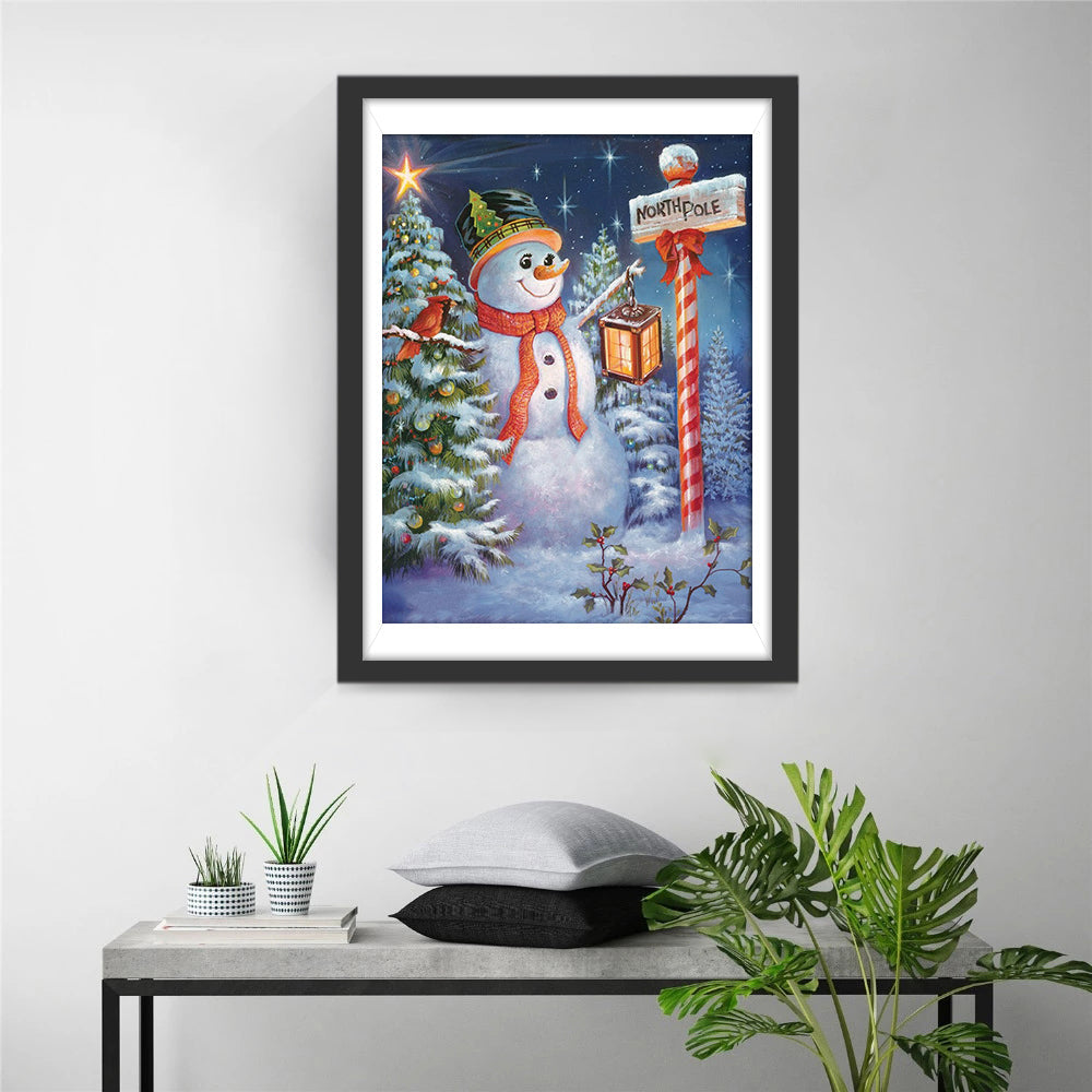 Sneeuwpop bij Noordpoolbord met Kerstversiering Diamond Painting