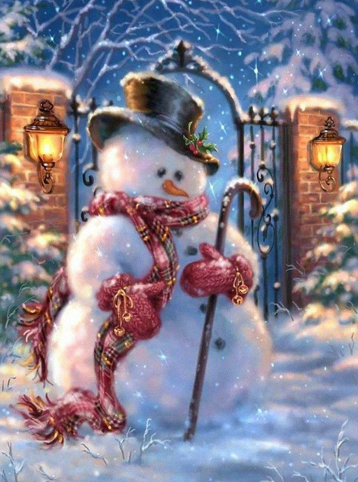 Sneeuwpop bij Poort in Sneeuw Diamond Painting