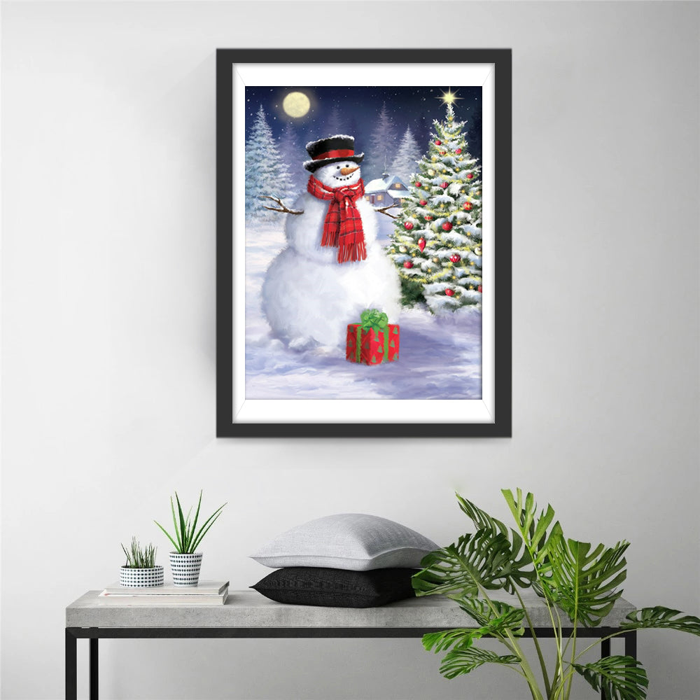 Sneeuwpop en Kerstboom in de Magische Kerstnacht Diamond Painting