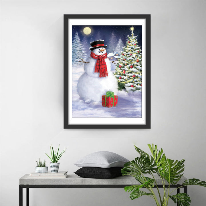 Sneeuwpop en Kerstboom in de Magische Kerstnacht Diamond Painting