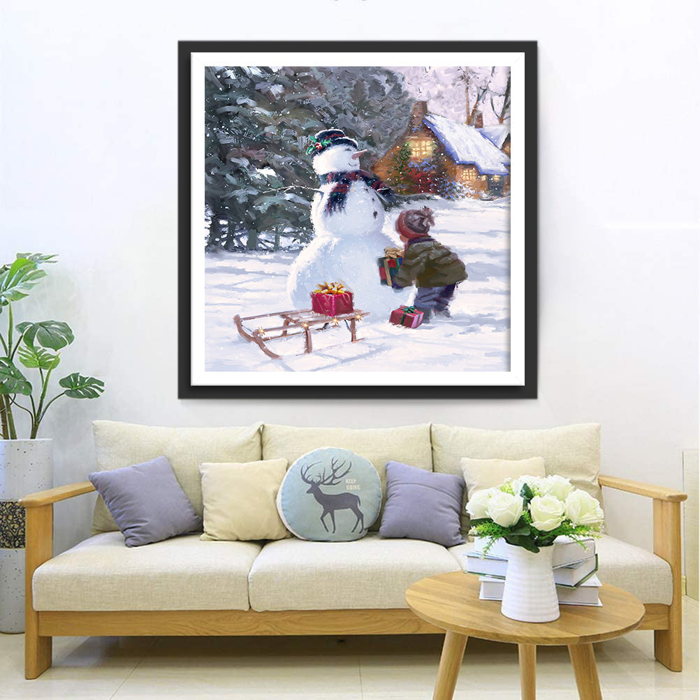Sneeuwpop en Kind met Geschenken Diamond Painting