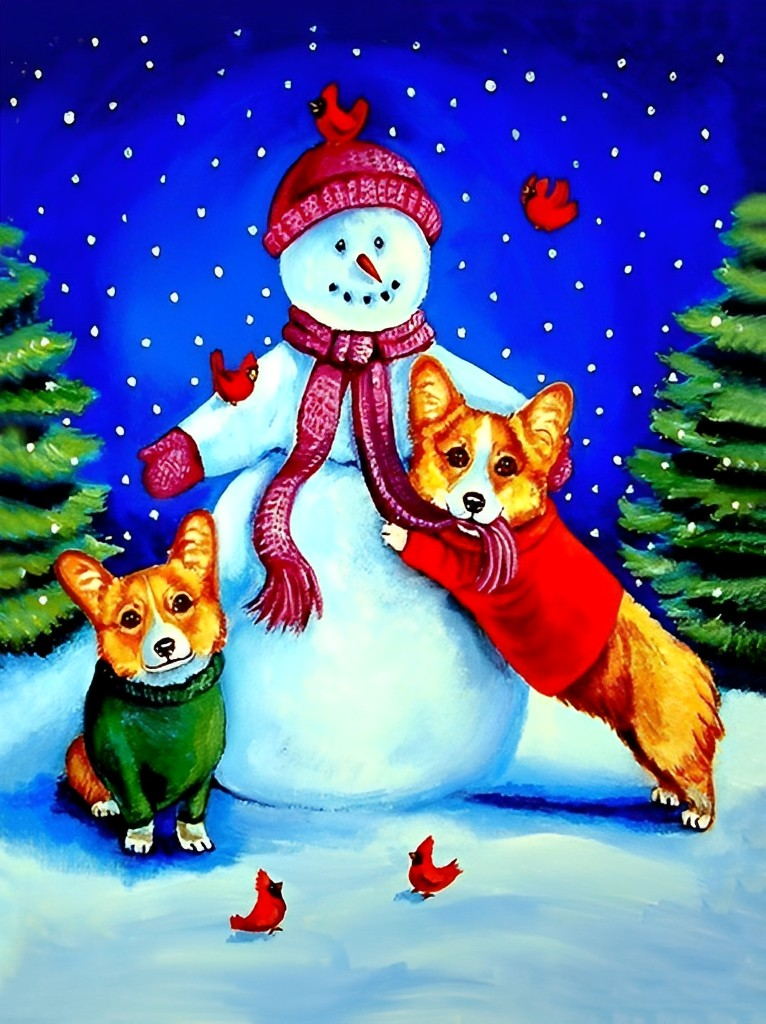 Sneeuwpop met Corgi's in Kerstsneeuw Diamond Painting