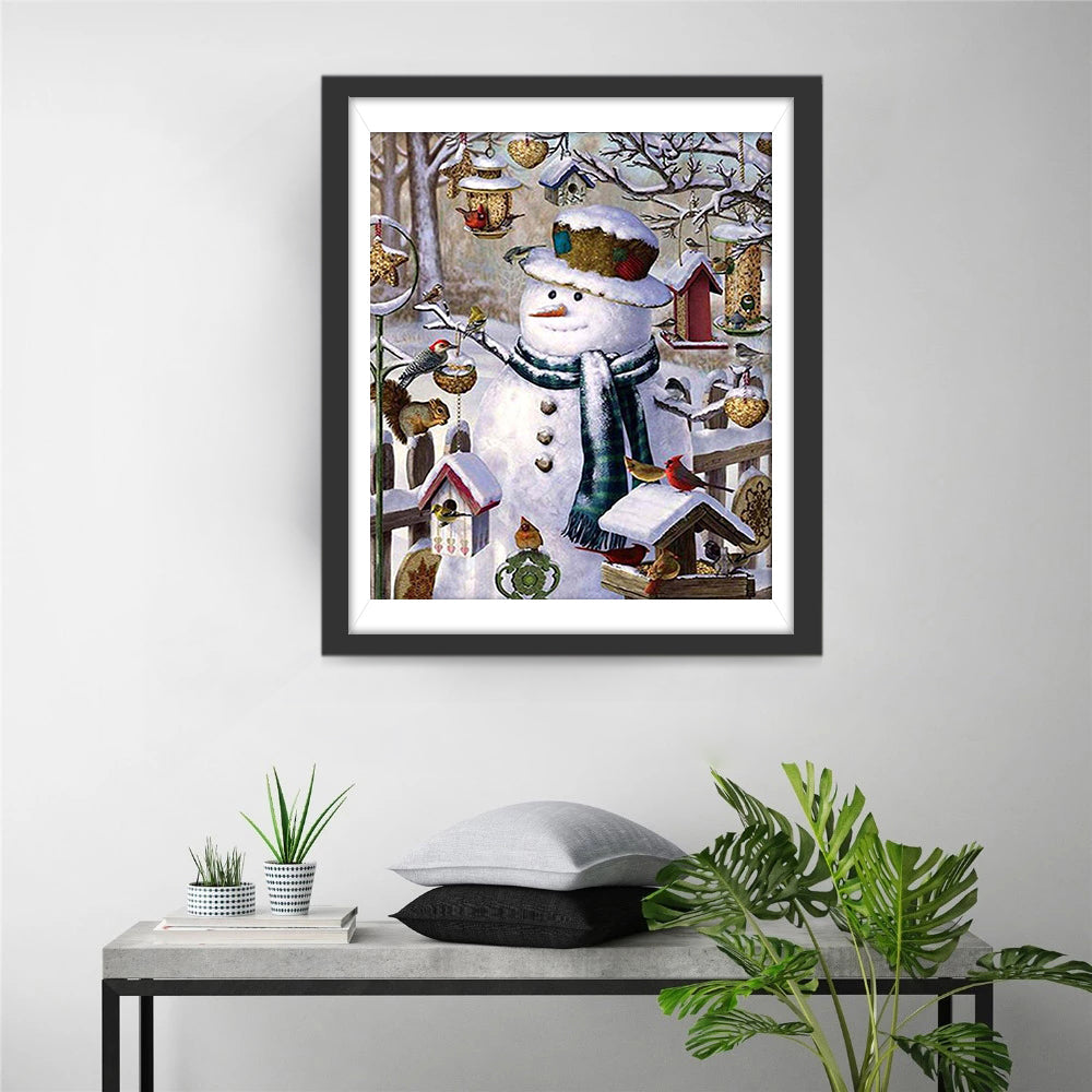 Sneeuwpop met Gestreepte Sjaal temidden van Vogelhuisjes Diamond Painting