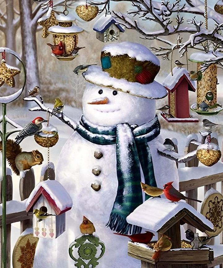 Sneeuwpop met Gestreepte Sjaal temidden van Vogelhuisjes Diamond Painting
