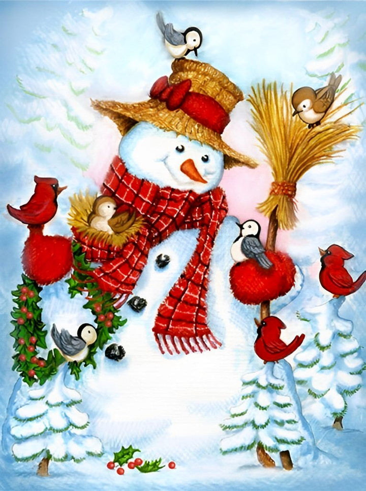 Sneeuwpop met Vogels en Kerstkransen Diamond Painting