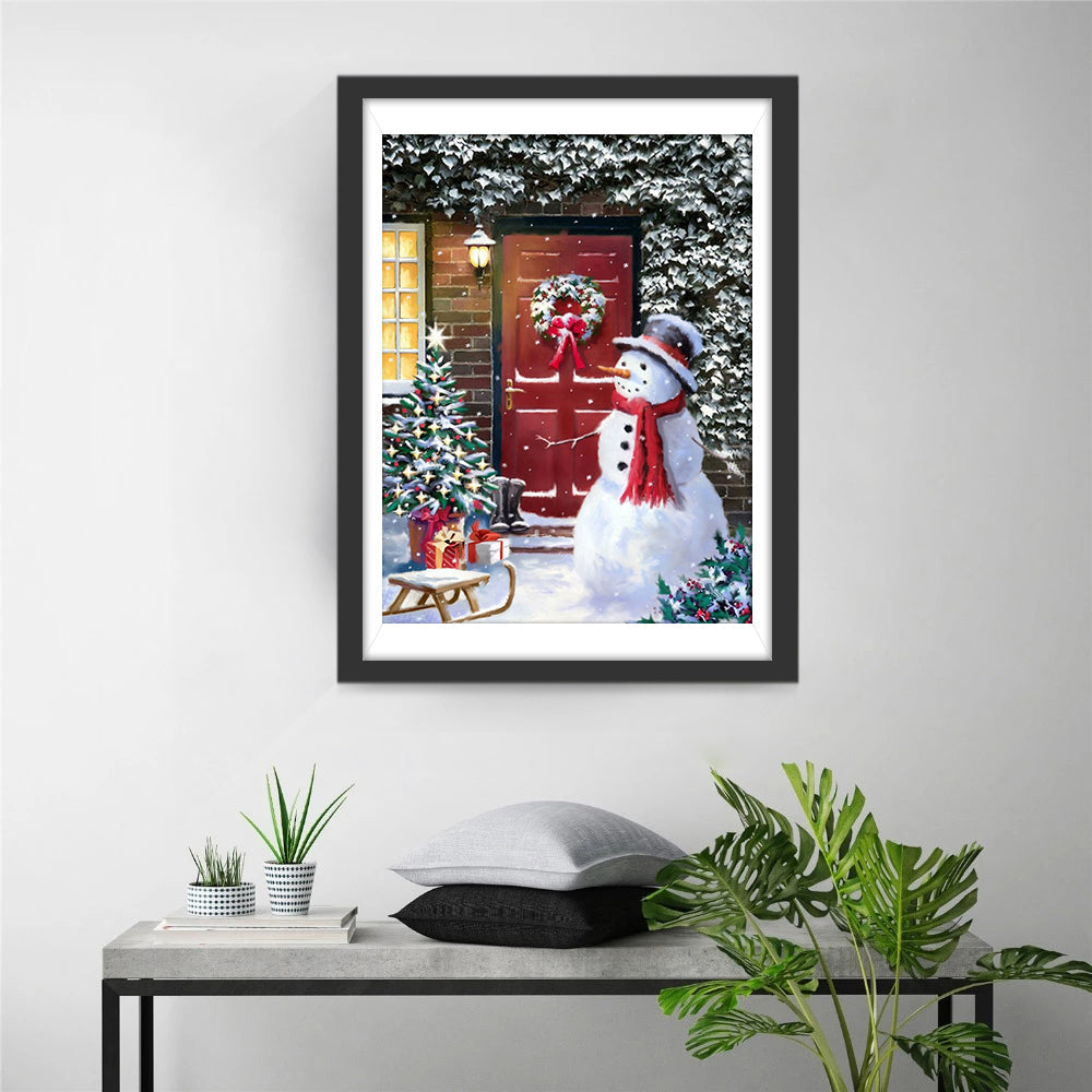 Sneeuwpop naast Deur met Kerstkrans en Boomv Diamond Painting