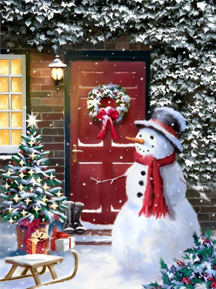 Sneeuwpop naast Deur met Kerstkrans en Boomv Diamond Painting
