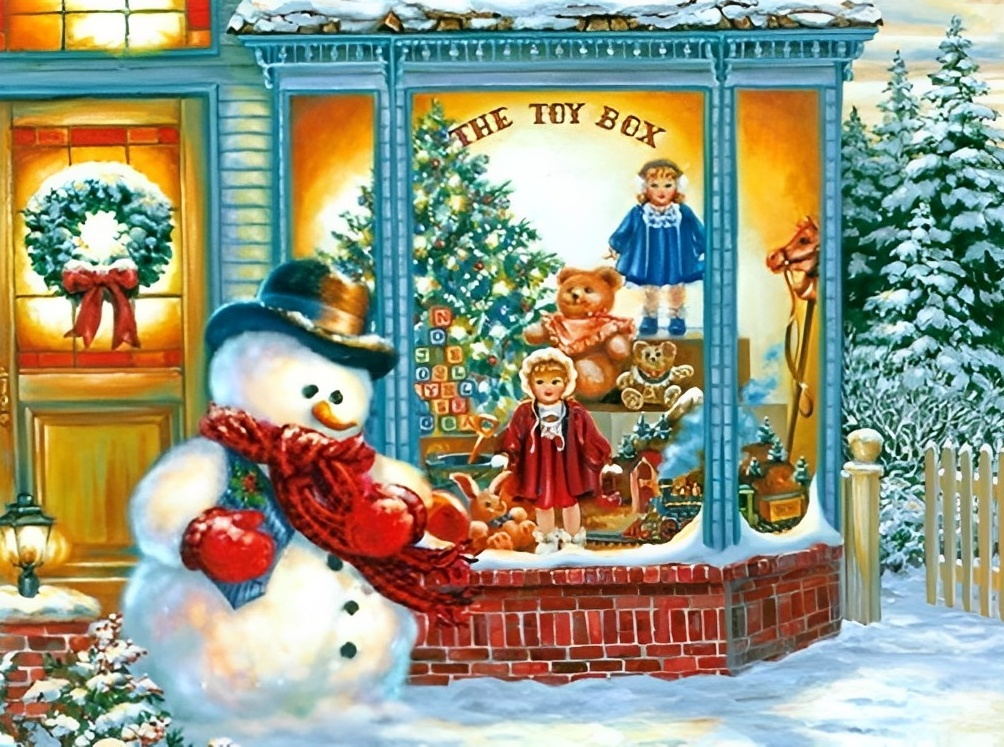 Sneeuwpop naast Feestelijke Speelgoedzaak Diamond Painting