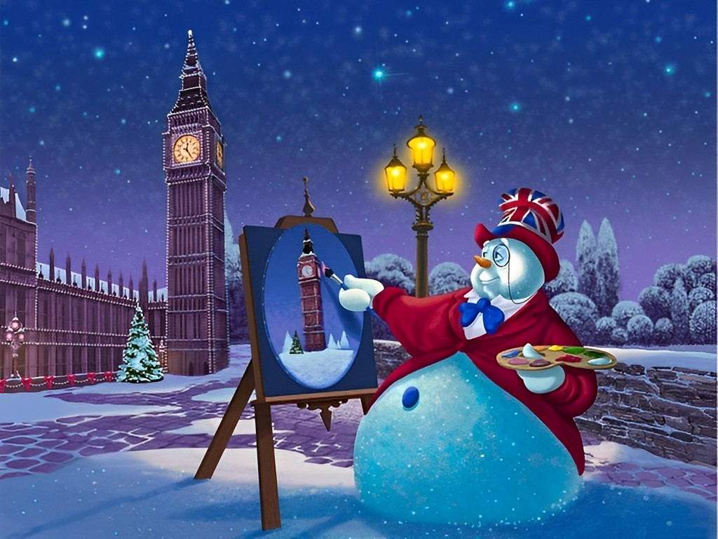 Sneeuwpop-Schilder in de Stad Diamond Painting