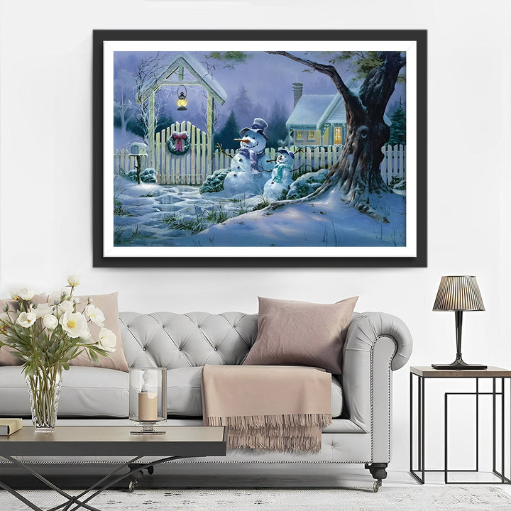 Sneeuwpoppen naast Verlicht Huis onder Boom Diamond Painting