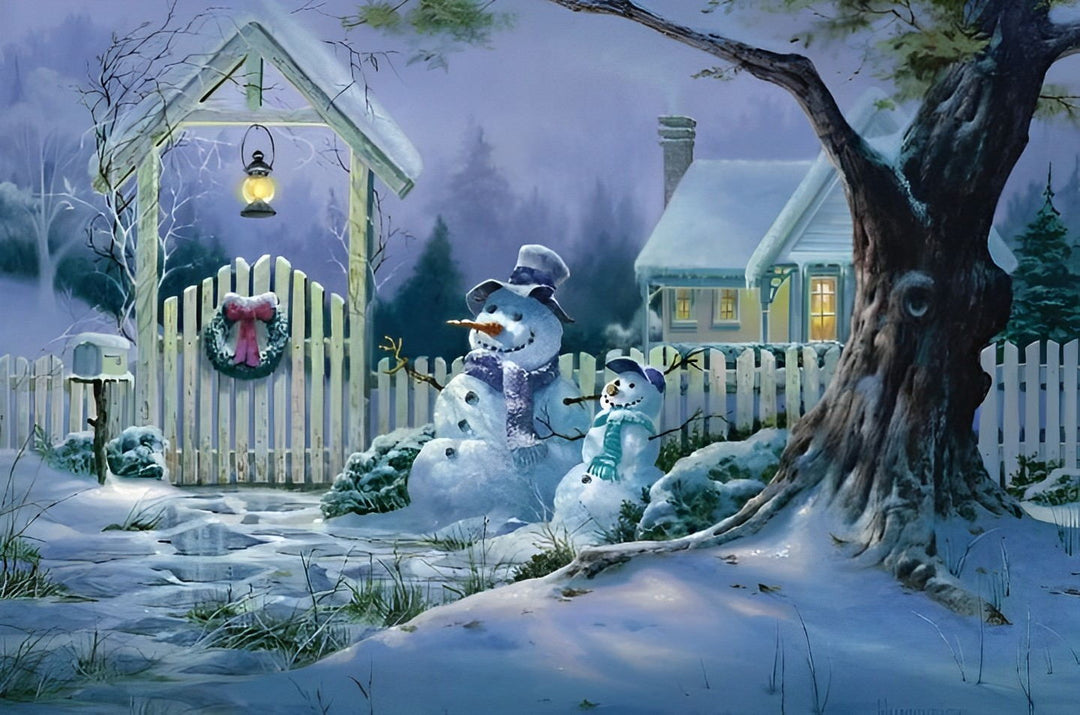 Sneeuwpoppen naast Verlicht Huis onder Boom Diamond Painting