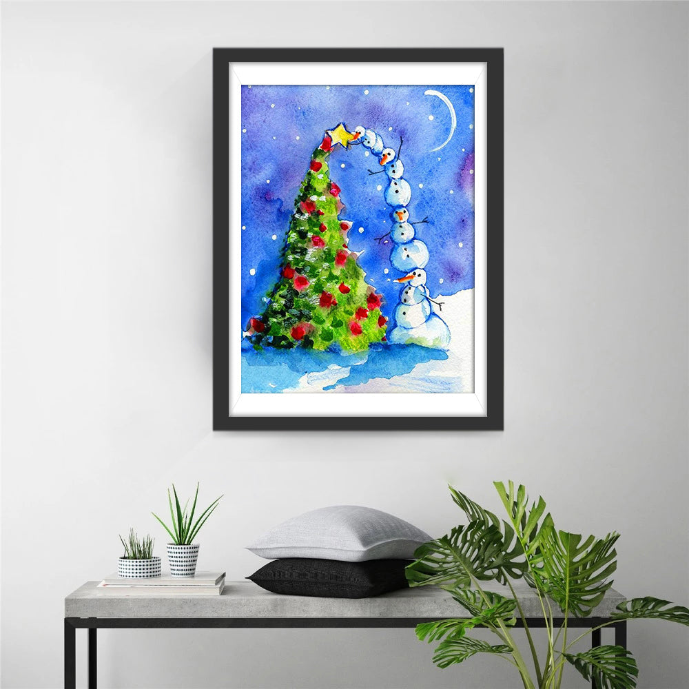 Sneeuwpoppenketting bij Kerstboom Diamond Painting