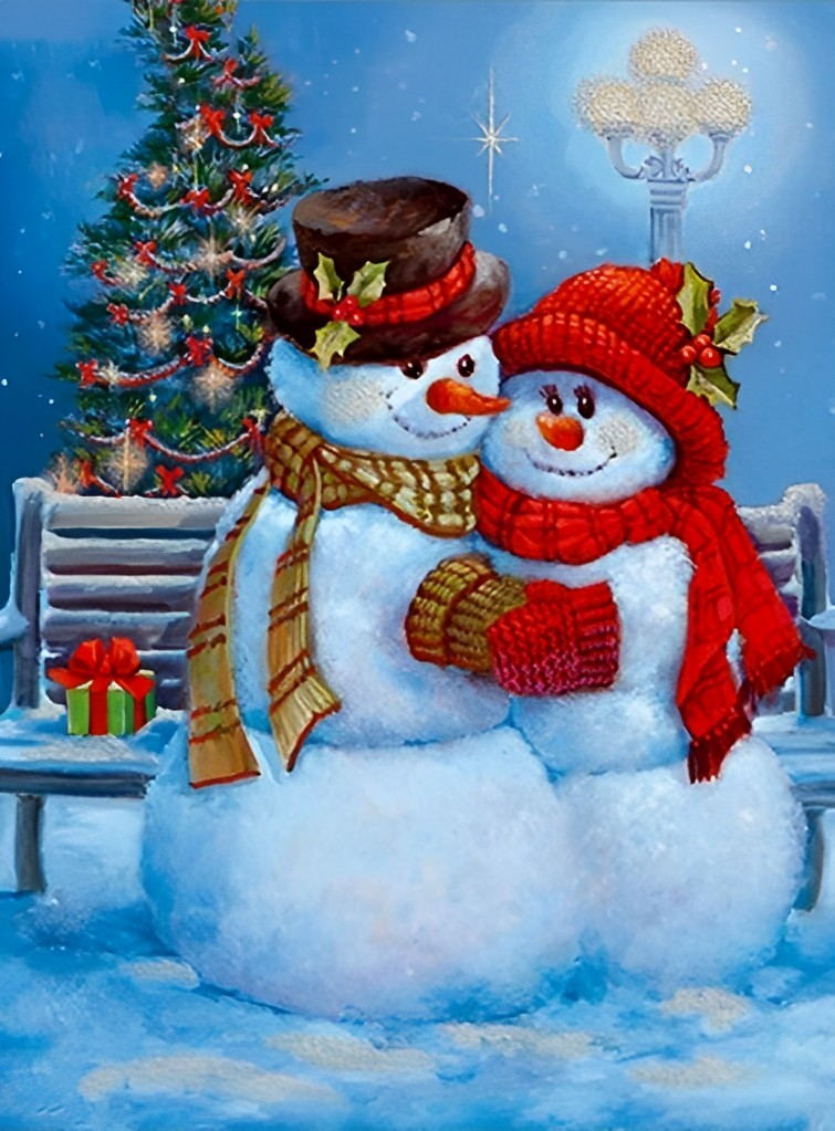 Sneeuwpoppenpaar op het Bankje Diamond Painting