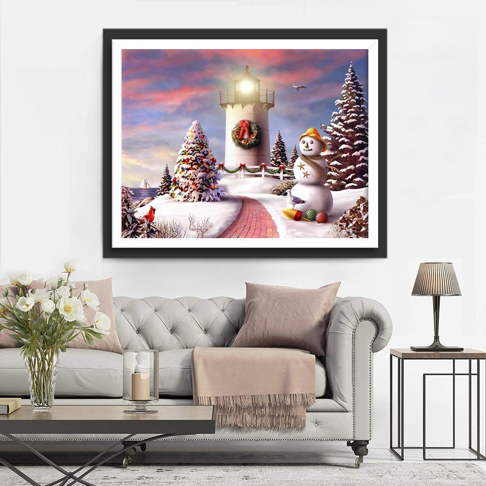 Sneeuwvolle Kerst bij de Vuurtoren Diamond Painting