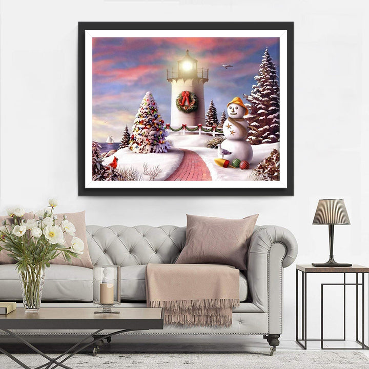 Sneeuwvolle Kerst bij de Vuurtoren Diamond Painting