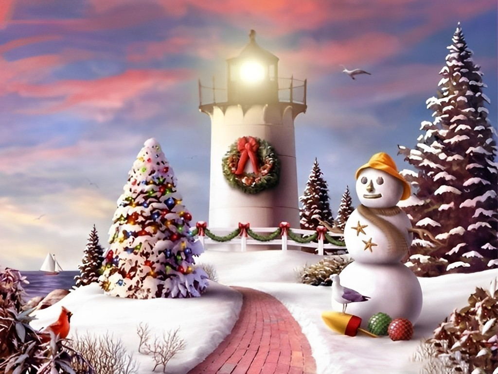 Sneeuwvolle Kerst bij de Vuurtoren Diamond Painting