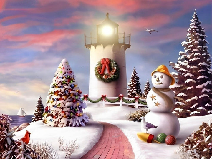 Sneeuwvolle Kerst bij de Vuurtoren Diamond Painting