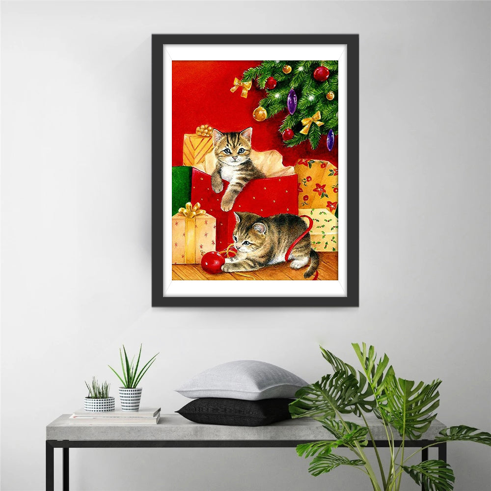 Speelse Kittens bij Kerstcadeaus en Kerstboom Diamond Painting