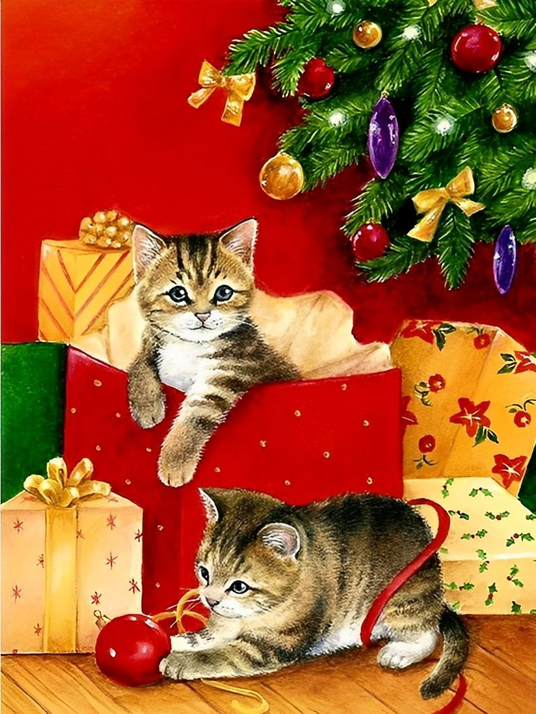 Speelse Kittens bij Kerstcadeaus en Kerstboom Diamond Painting