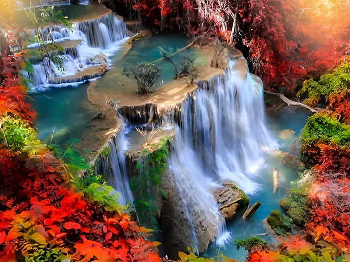 Sprookjesachtige Waterval in Herfstkleuren Diamond Painting