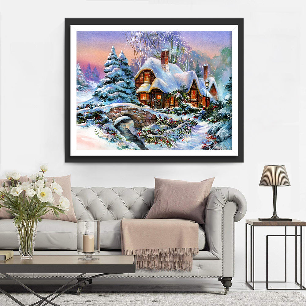 Sprookjesachtige Winterwereld van een Cottage Diamond Painting