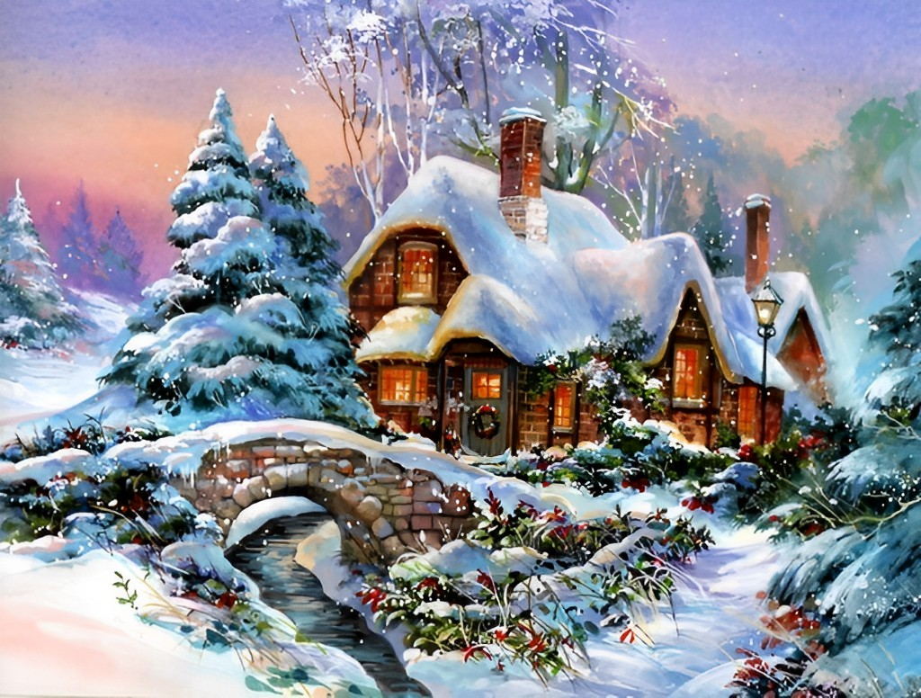 Sprookjesachtige Winterwereld van een Cottage Diamond Painting