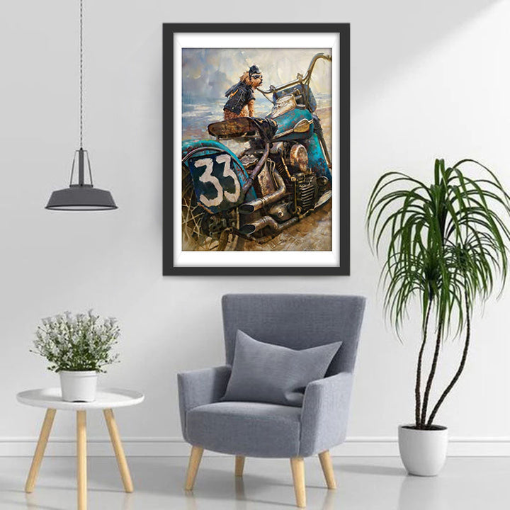 Stijlvolle Hond met Bril op een Vintage Blauwe Motor met Cijfer 33 Diamond Painting