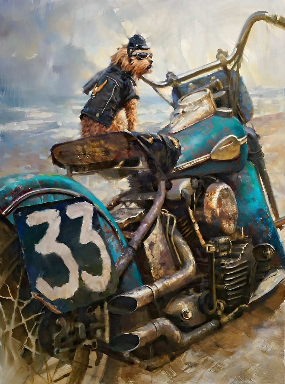 Stijlvolle Hond met Bril op een Vintage Blauwe Motor met Cijfer 33 Diamond Painting