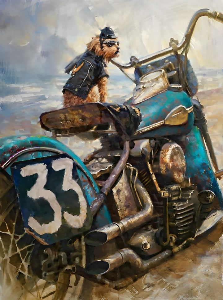 Stijlvolle Hond met Bril op een Vintage Blauwe Motor met Cijfer 33 Diamond Painting