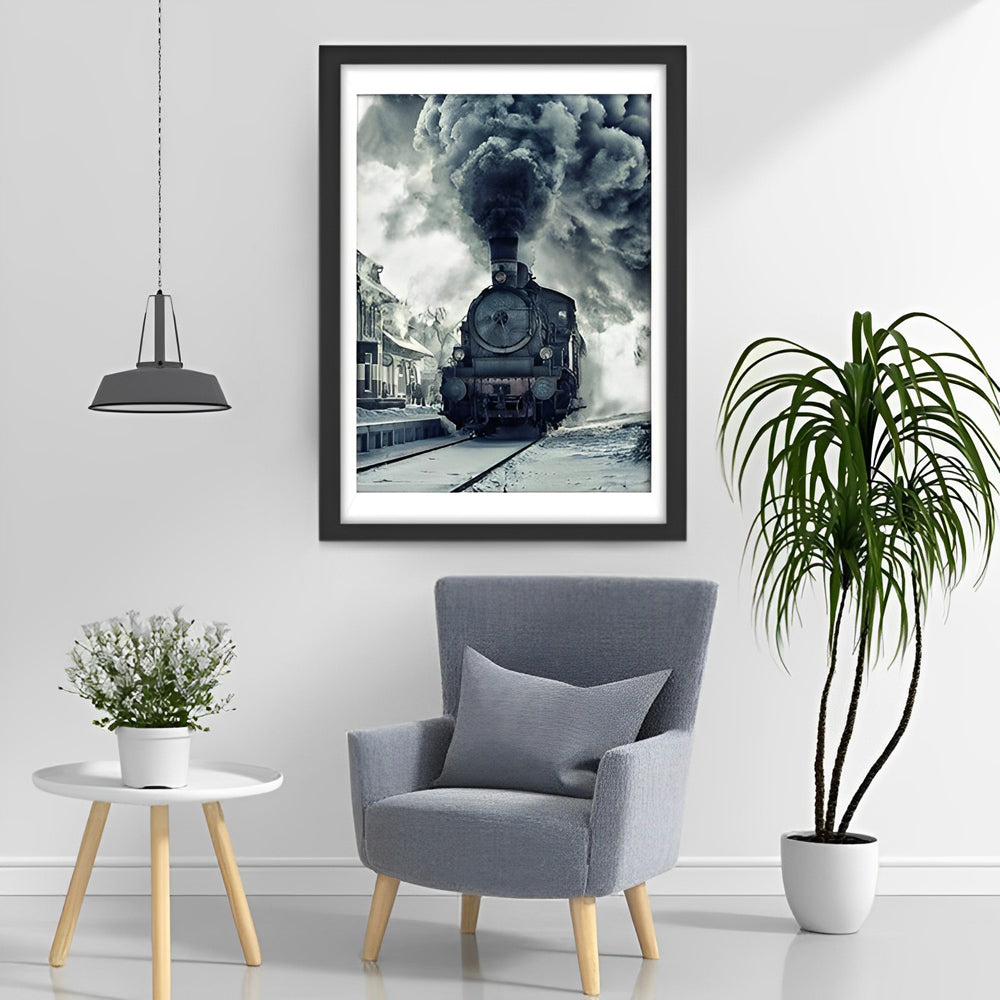 Stoomtrein met Kolossale Rookwolk in Oud Station Diamond Painting