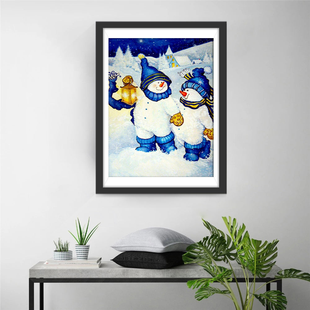 Twee Blijde Sneeuwmannen in Sneeuw Diamond Painting